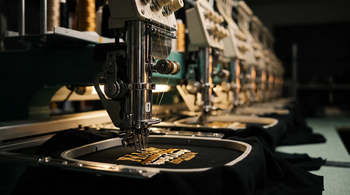 Brodeuse industrielle multi-têtes brodant un motif doré sur textile noir