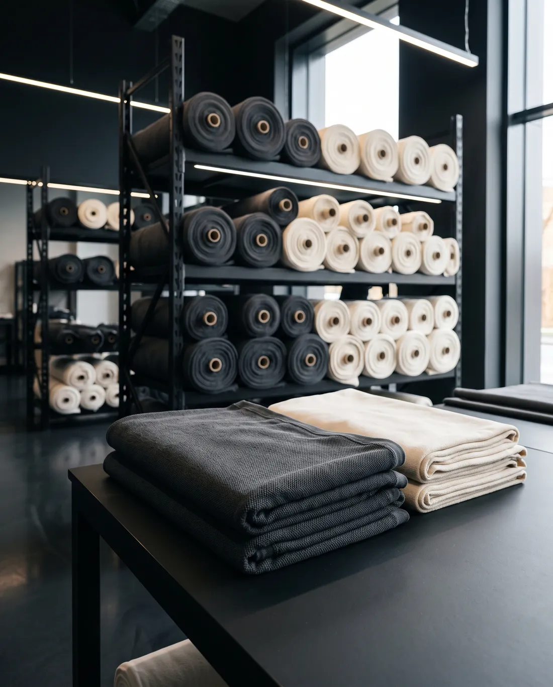 Rouleaux de tissu premium et molleton épais sur une table de coupe
