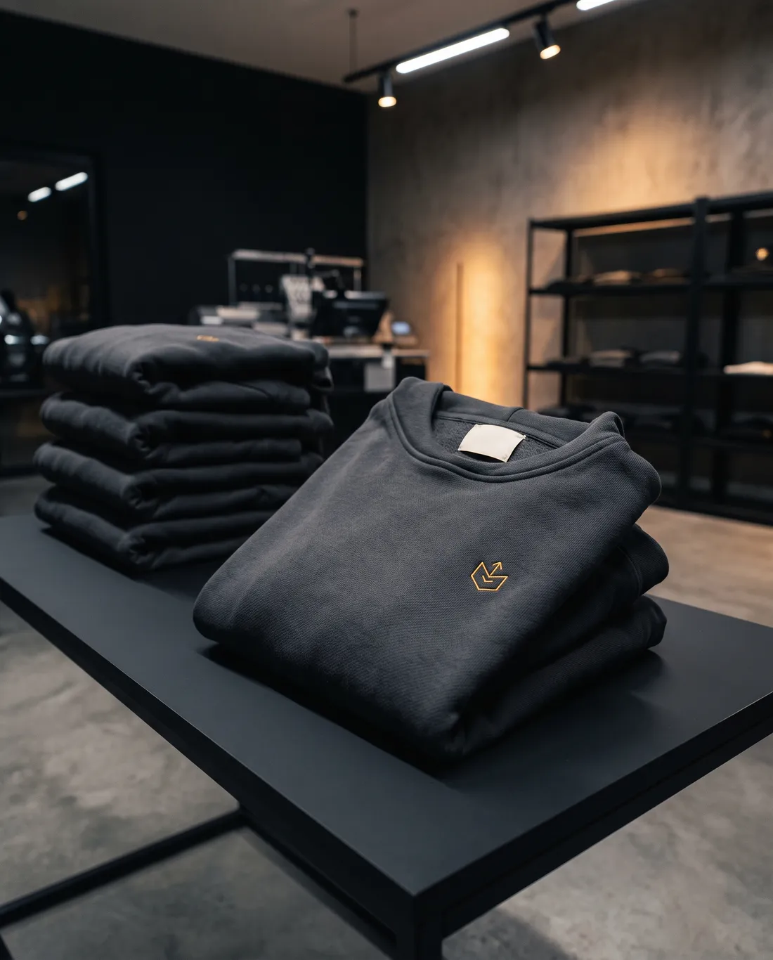 Hoodie anthracite plié, broderie dorée et étiquette tissée au col