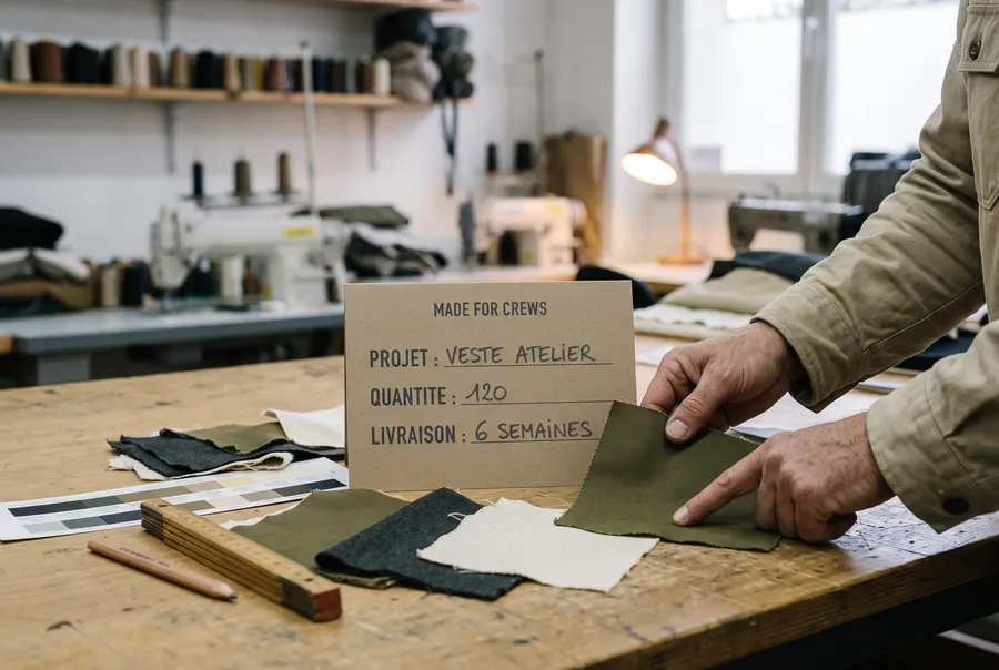 Fiche de projet en carton kraft posée sur un établi, entourée d'échantillons de toile olive, anthracite et écru