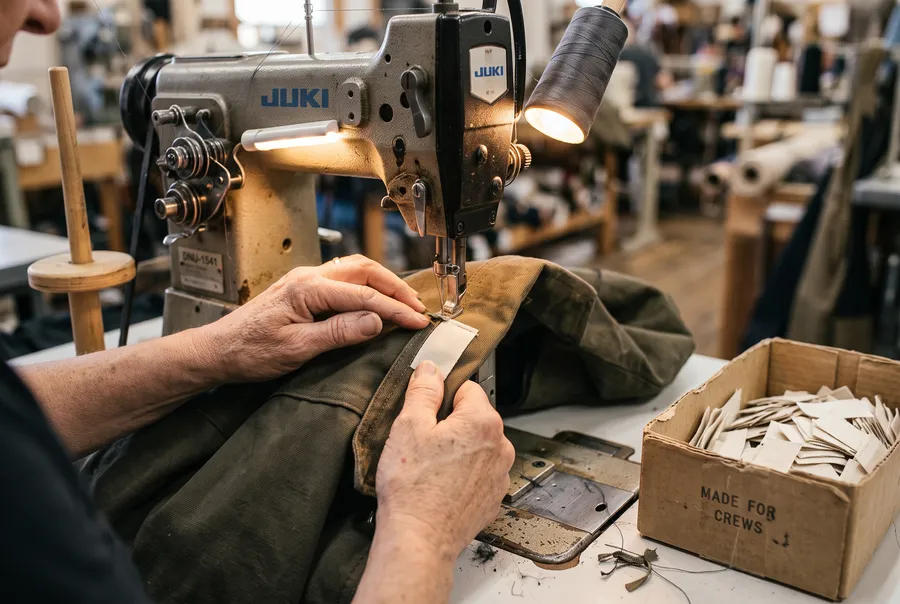Mains guidant un col de veste sous l'aiguille d'une machine industrielle pour y coudre une étiquette tissée vierge