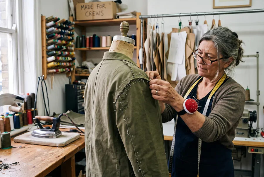 Couturière épinglant l'épaule d'une veste de travail en toile olive montée sur un mannequin de tailleur