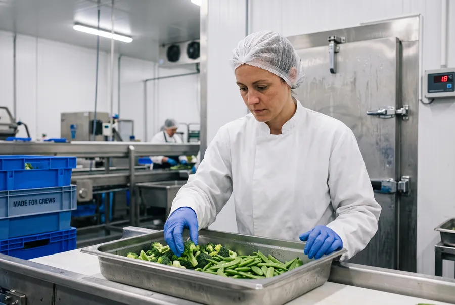 Opératrice en blouse d'hygiène blanche et calot contrôlant un bac de légumes sur une ligne inox