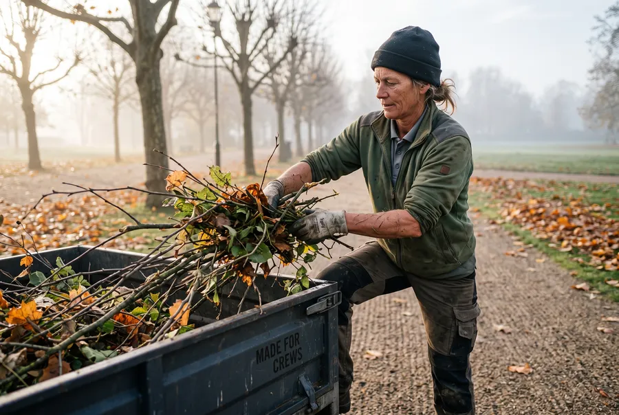 Paysagiste en veste polaire verte chargeant des branches dans une remorque dans un parc en automne