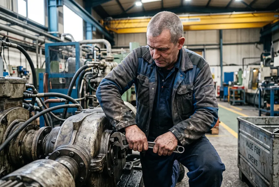 Technicien de maintenance en veste d'atelier bicolore serrant un boulon sur un réducteur industriel