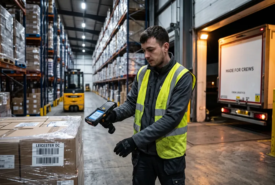 Préparateur de commandes en gilet haute visibilité jaune scannant une palette devant un quai de chargement