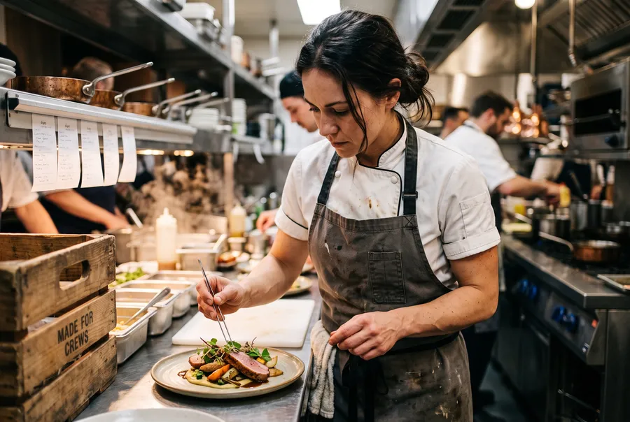 Cuisinière en veste blanche et tablier de toile dressant une assiette en plein service