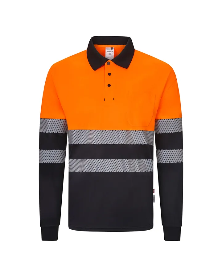 Polo polyester recyclé bicolore à manches longues, avec bande segmentée